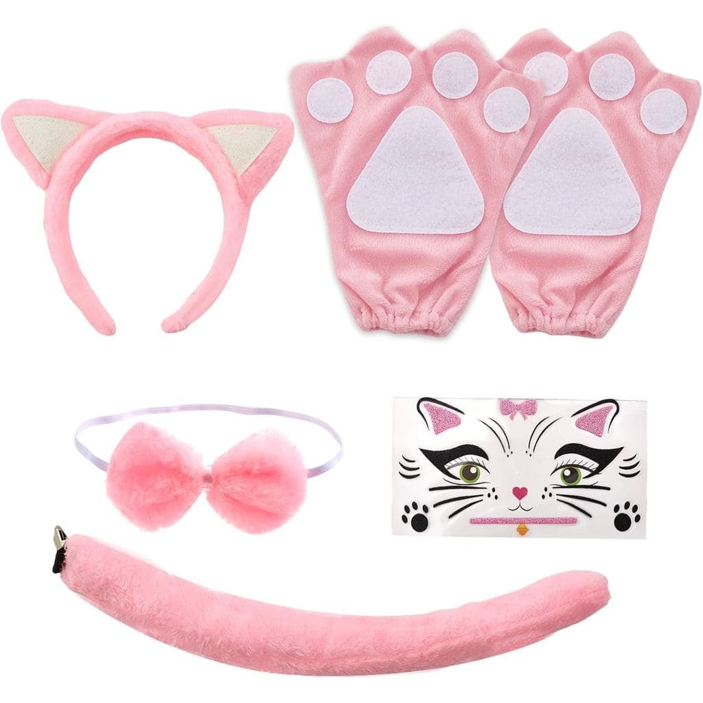 Avxdbr Conjunto de 5 Acessórios para Fantasia de Gato Rosa: Tiara com Orelhas de Gato, Luvas de Pata, Cauda, Gravata Bor