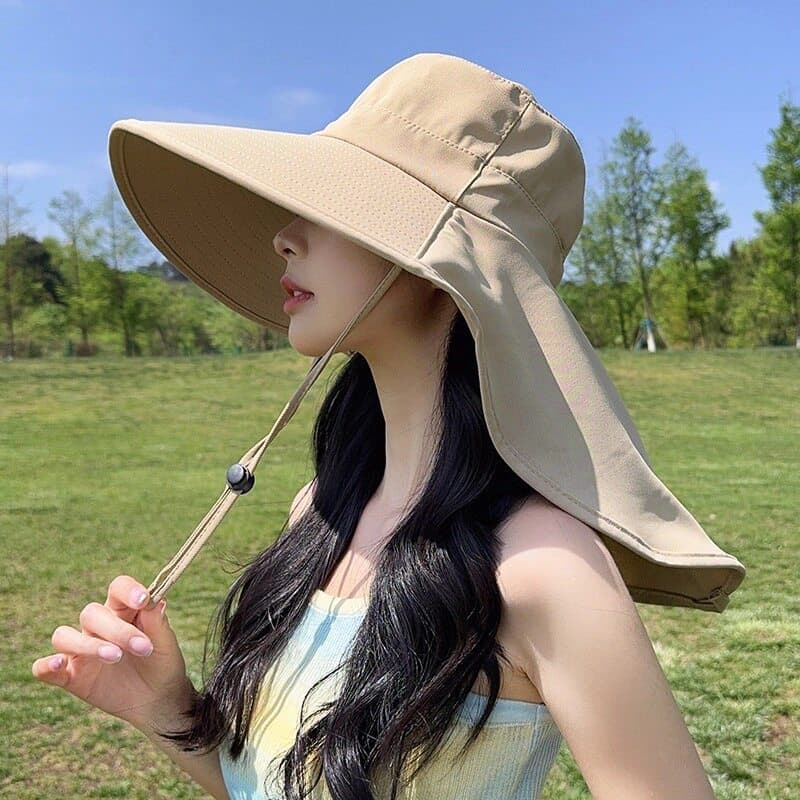 Chapéu de sol de aba grande feminino 2025 novo estilo verão à prova de ultravioleta chapéu de sol pescoço proteção balde