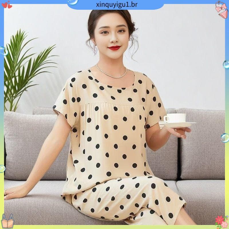 Versão solta algodão seda pijamas conjunto verão estilo fino umidade Wicking em torno do pescoço de manga curta calças c