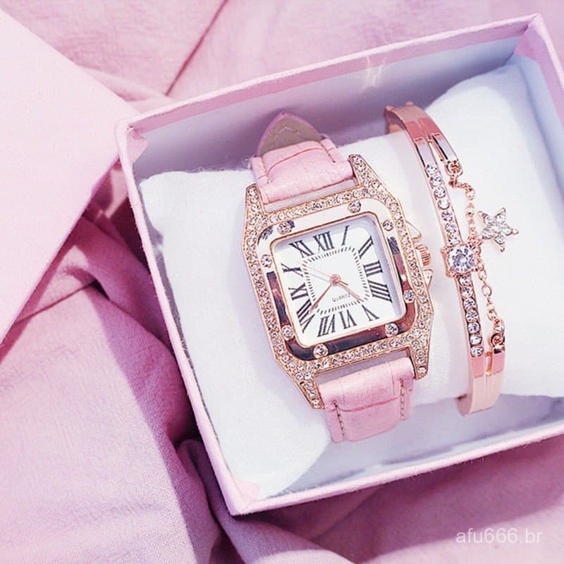 Relógio Feminino Quadrado Elegante Com Zircão,  E Pulseira De Estrela Incrustado De Diamantes