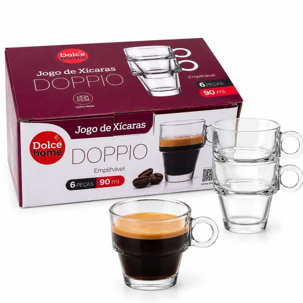 Jogo de Xicaras Café Doppio 6 Peças 90ml Vidro Empilhaveis