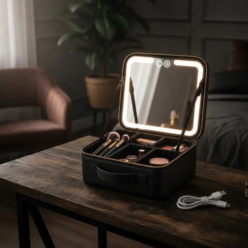 Necessaire Maquiagem Espelho Led 12 Divisórias Portátil Preto