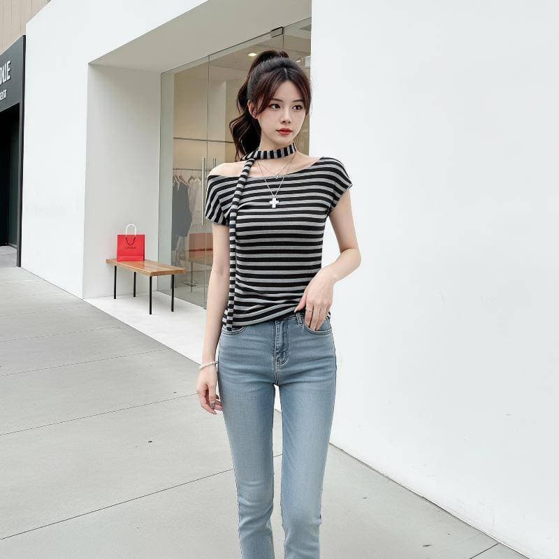 Warmwing Feminino Fora Do Ombro T Camisa Vermelho Branco Listrado Fino Ajuste Gravata Lateral Designfortable Verão Compr