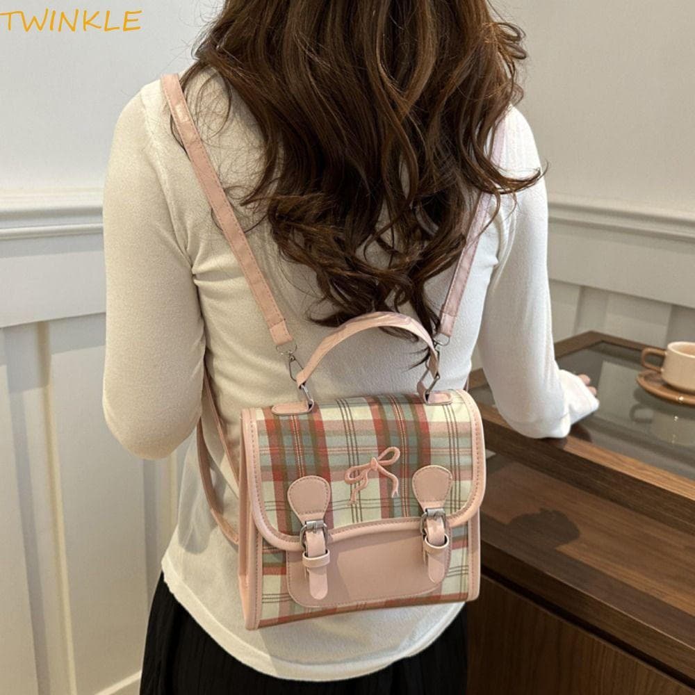 Mochila Estilo Universitário TWINKLEO, em PU Xadrez com Laço, Bolsa de Ombro para Adolescentes e Estudantes Escolares SJ