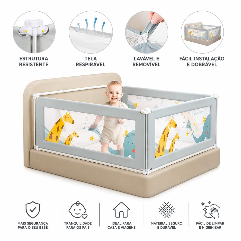Protetor Cama 1,8m/2m Grade Ajustável | Fácil Limpeza e Montagem | Segurança