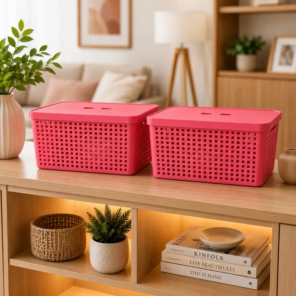 Kit 2 Cestos Organizadores com Tampa 17L Rosa Multiuso LP House