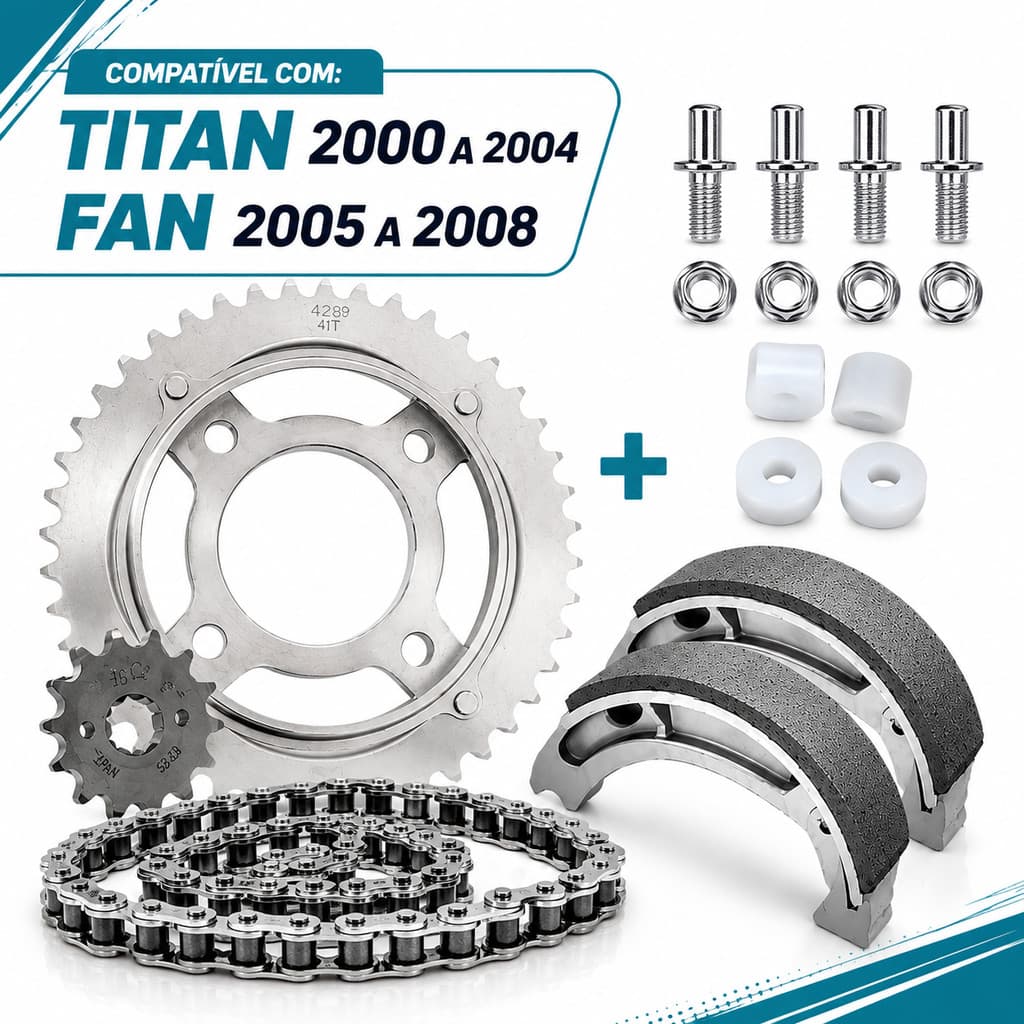 Kit Relação Transmissão Completo CG Titan 125 2000 até  2004 FAN 125 2004 até 2008 + Parafusos + Buchas Nylon + Patins
