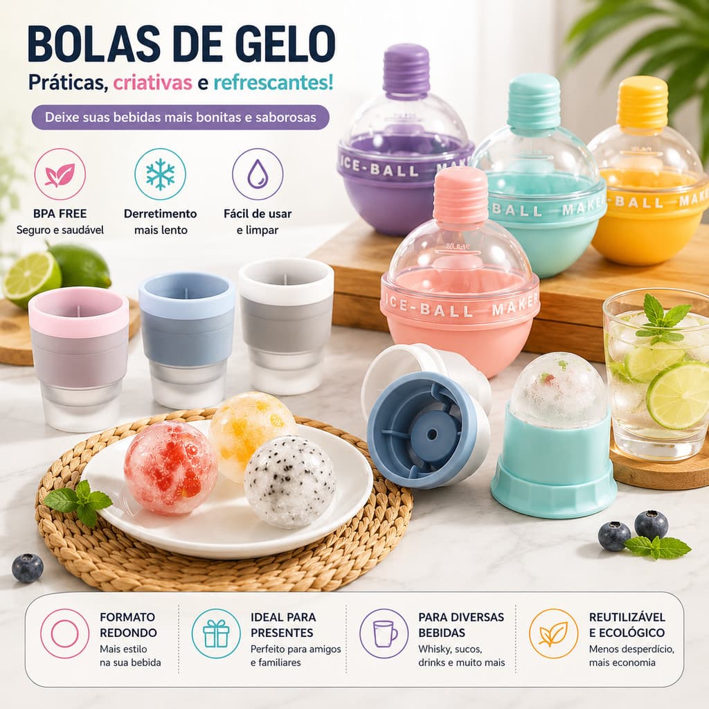 Forma de Gelo Redonda Reutilizável para Esferas de Gelo com Tampa