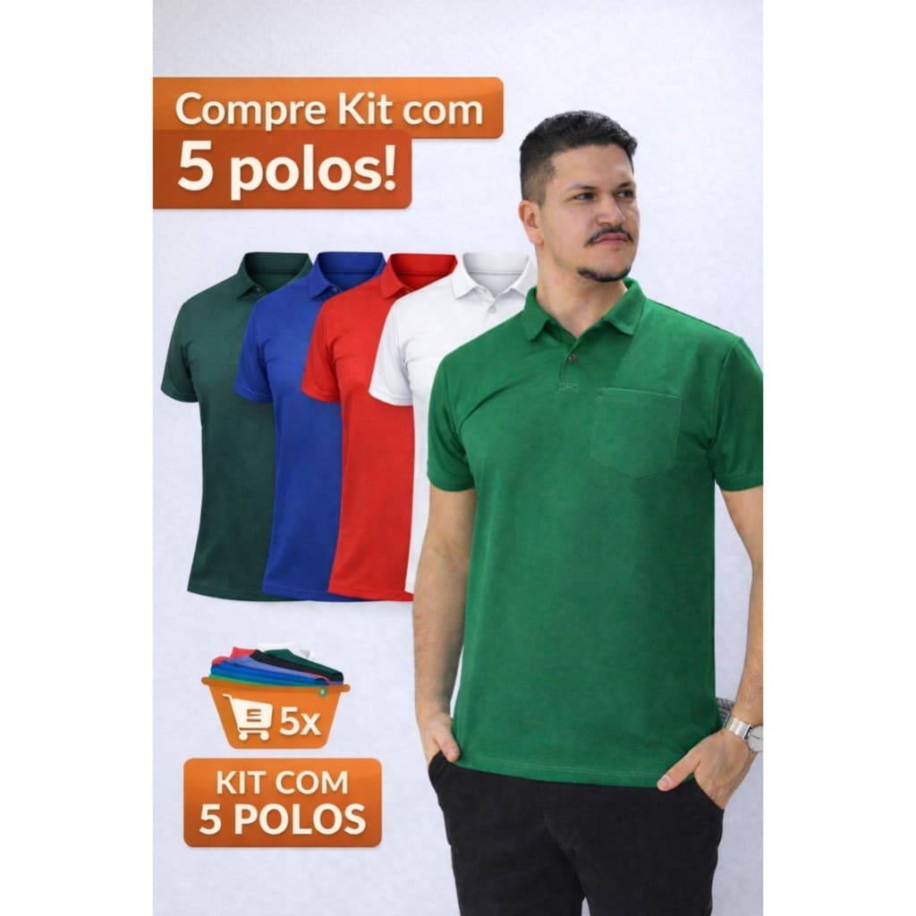 Kit 5 Camisa Gola Polo Masculina Com Bolso Basica Uniforme Piquet P ao GG
