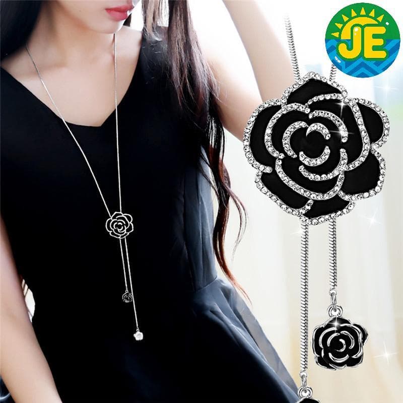 Bla Rose Flower Long Pingente Nelace Suéter Corrente Cristal Mulheres Joias Presente