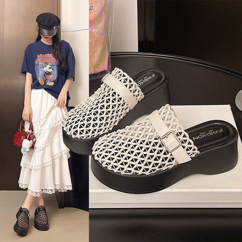 Chinelos Baotou aumentados de sola grossa feminino, verão novo estilo Retro tecido meia chinelos estilo Casual sandálias
