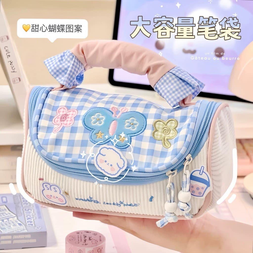 Novo Estojo De Lápis De Grande Capacidade Bolsa De Caneta Bordada Fofa Caixa De Papelaria Portátil Cosméticos Retrô Requ