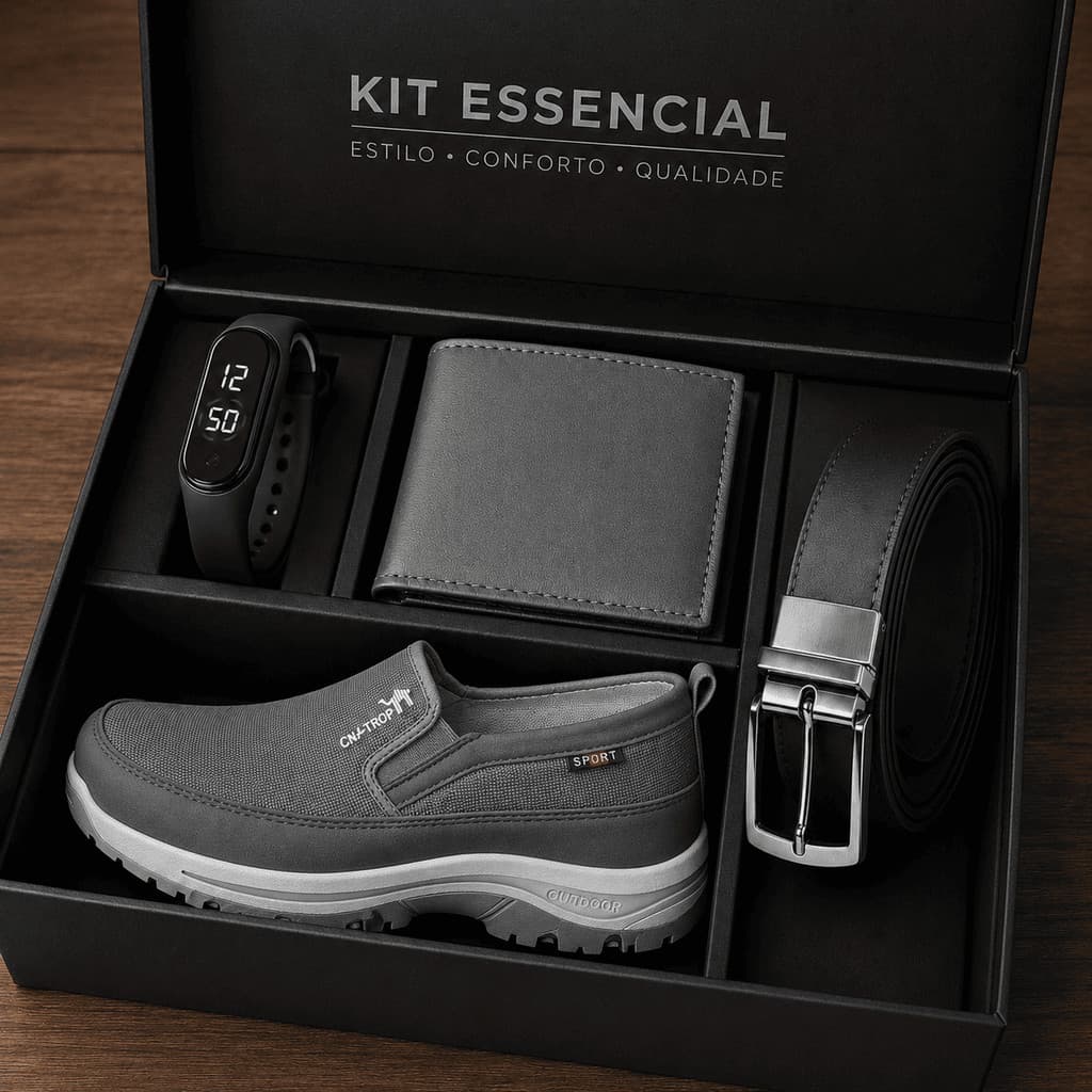 Kit Masculino Sapato Slip On Adventure + Carteira + Cinto + Relógio Digital Presente Completo