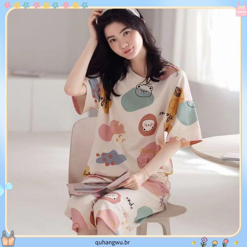 2023 novo estilo Casual pijamas feminino verão terno influenciador de manga curta verão calças cortadas pijamas feminino