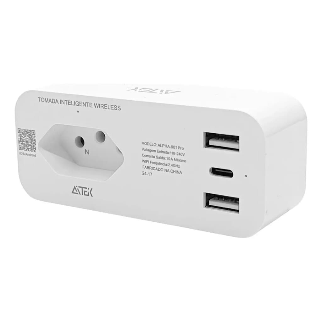 Tomada Inteligente Wi-Fi Aitek 3 Pinos 2 USB 1 Tipo-C Ale...
