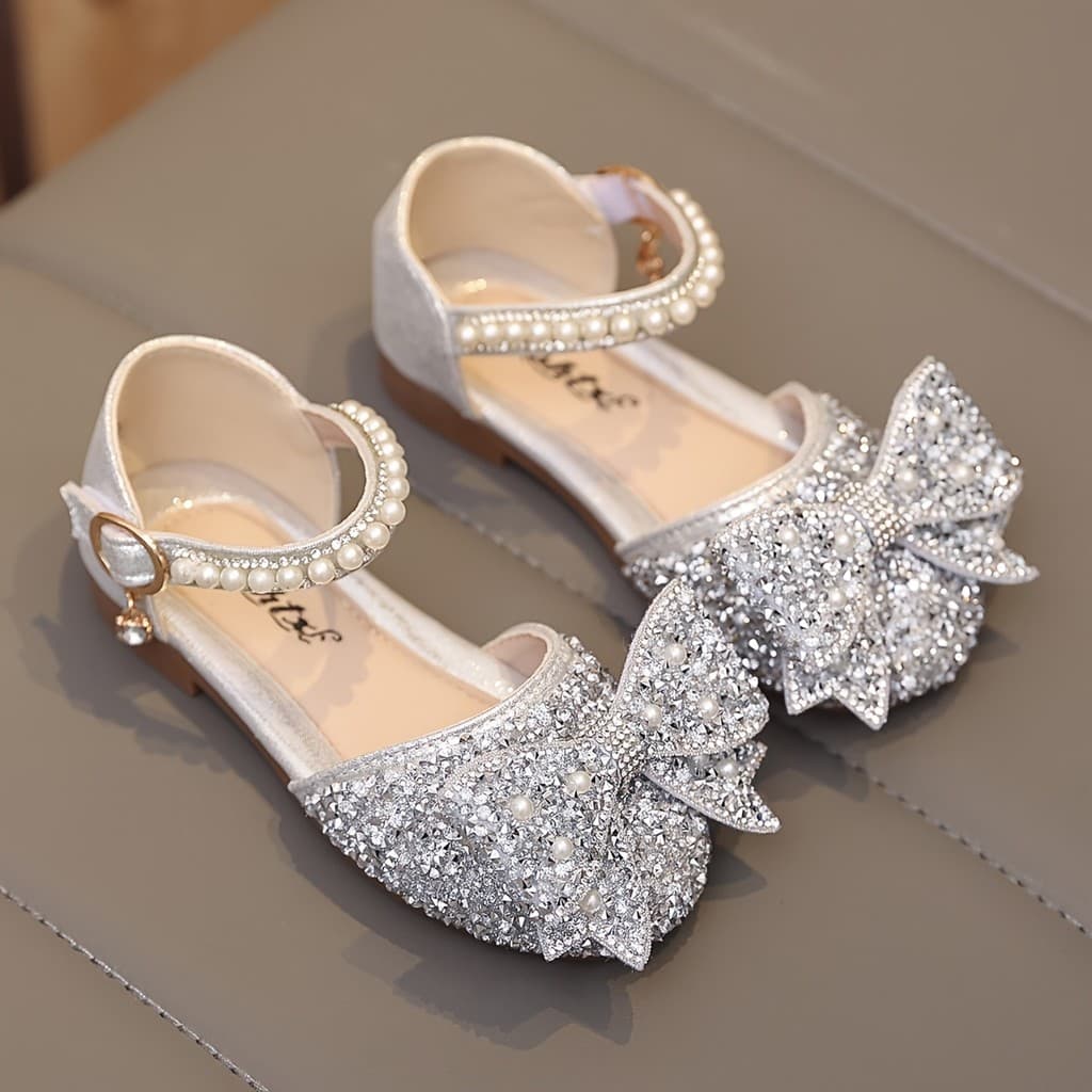 Sandálias Planas Femininas Com Strass Brilhante E Laço De Pérola , Fecho Ajustável-Sapatos De Festa Brilhantes Bico Redo