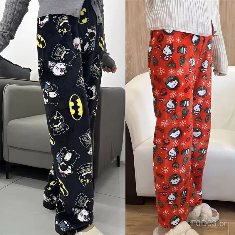 Y2k Outono Hello Kitty Batman Calças De Pijama Dos Desenhos Animados Hip Hop Senhoras Quente Casual Flanela Bonito Estil