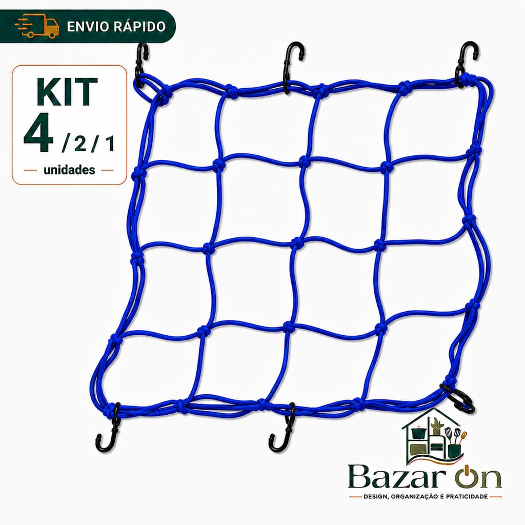 Kit 4/2/1 Rede Para Moto Aranha Elástico Capacete Com 6 Ganchos Fixar 30x30 Prender Capacete