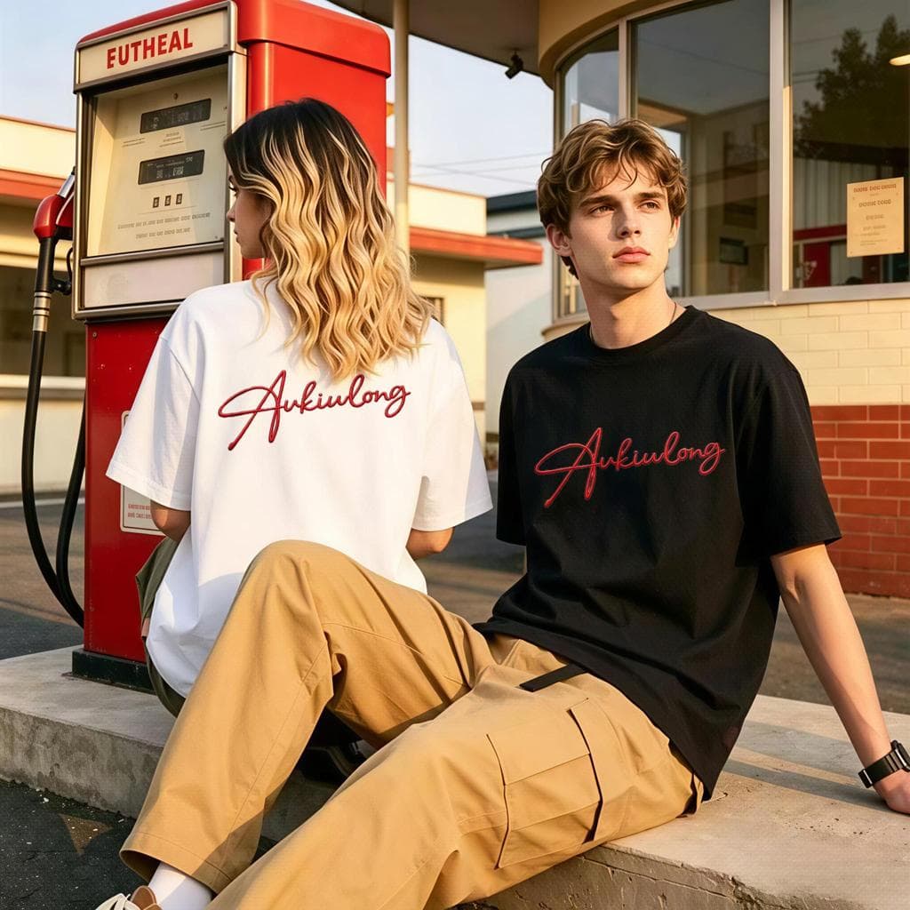 Camiseta Unissex Gola Redonda 100% Algodão Estampa Letra Cursiva Vermelha Minimalista Casual Americano