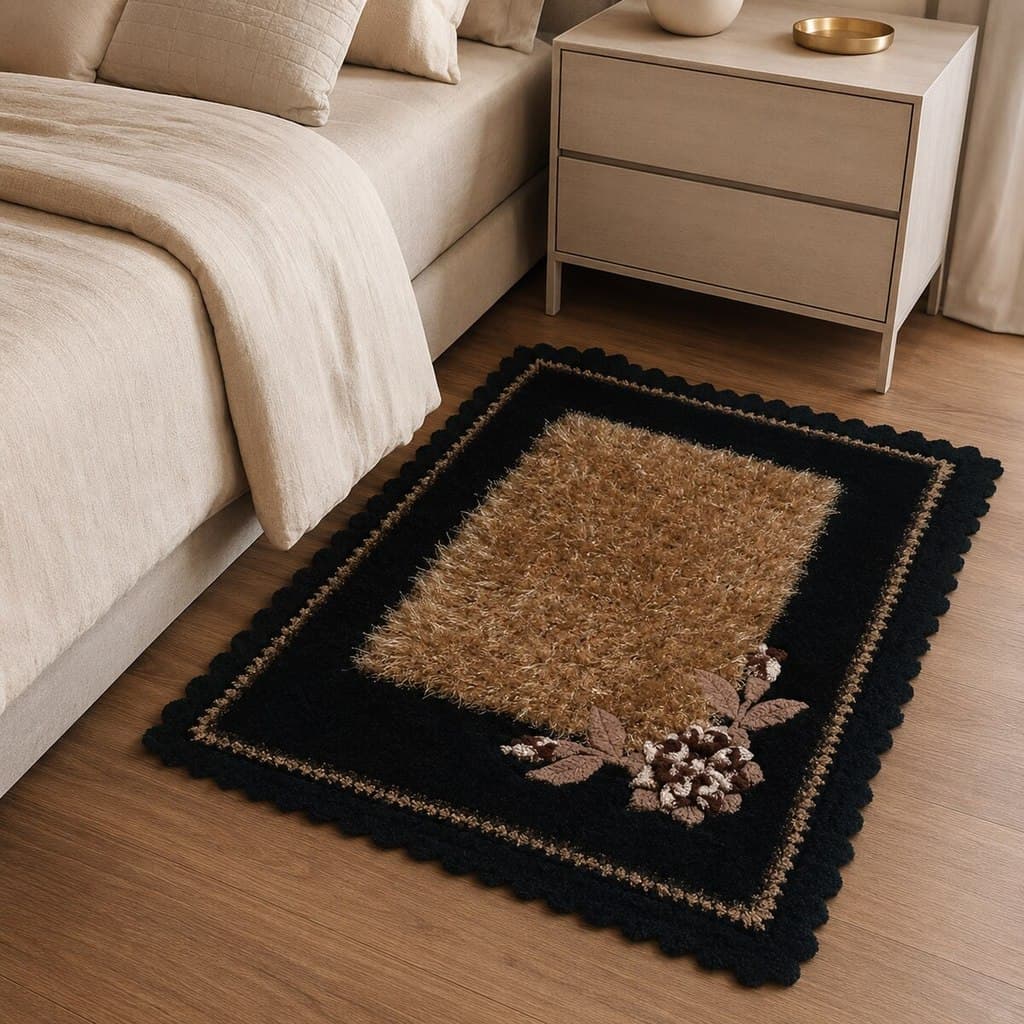 Tapete de Crochê Luxo Preto Marrom Artesanal 60x87 sala quarto