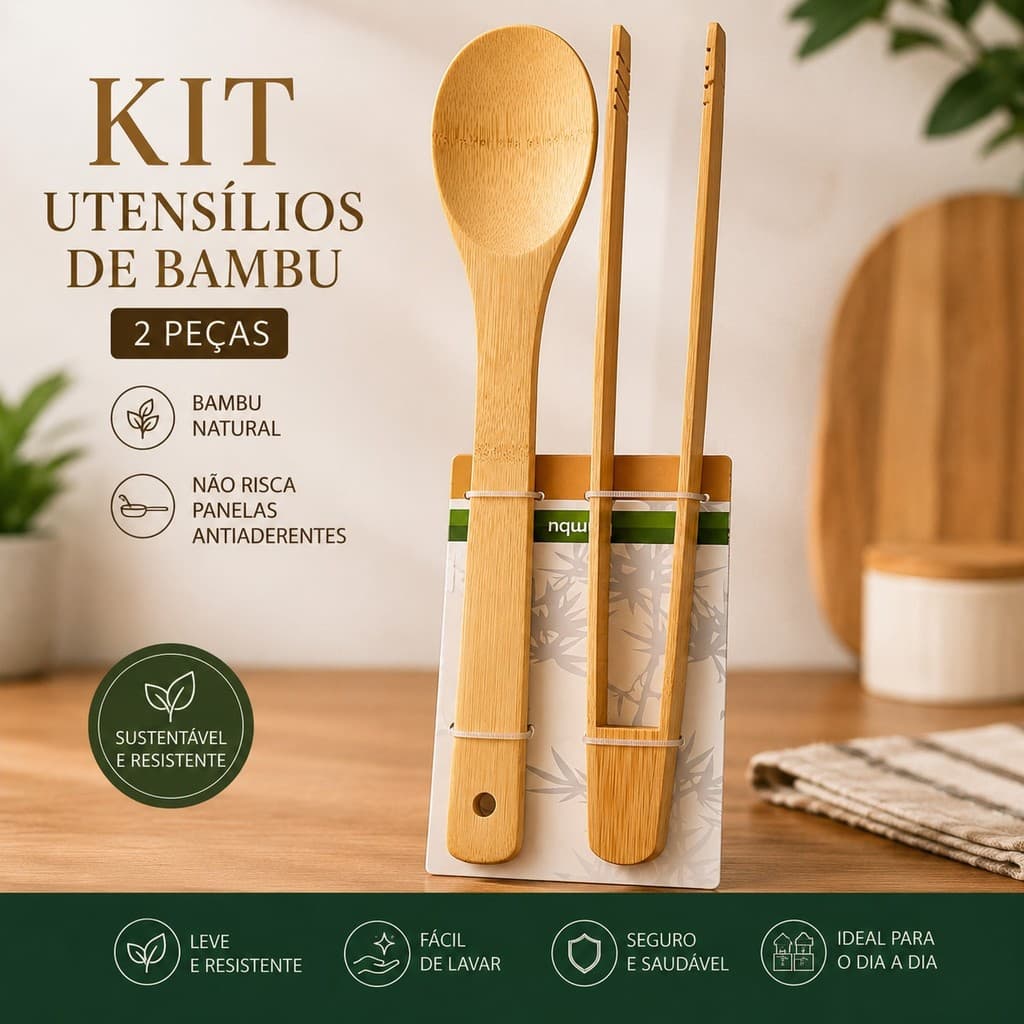 Kit Colher e Pegador de Bambu Madeira Utensílios para Cozinha Salada Pinça 2 Peças