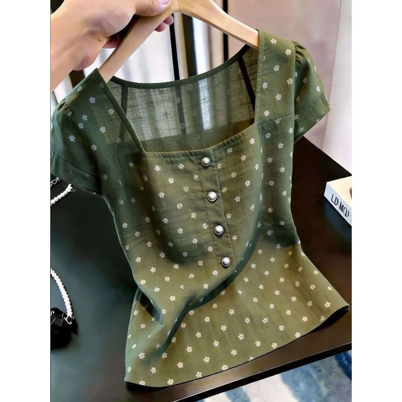 [Promoção por tempo limitado] 2026 Verão Novo estilo Design de moda Feel Green Polka Dot Top, manga curta gola quadrada