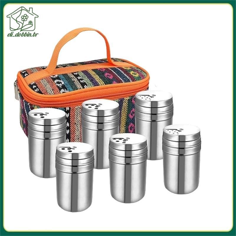 [eli_dobbin.br] 6 Unidades De Saleiro De Aço Inoxidável , Kit De Temperos De Acampamento Com Bolsa De Viagem , Saleiros