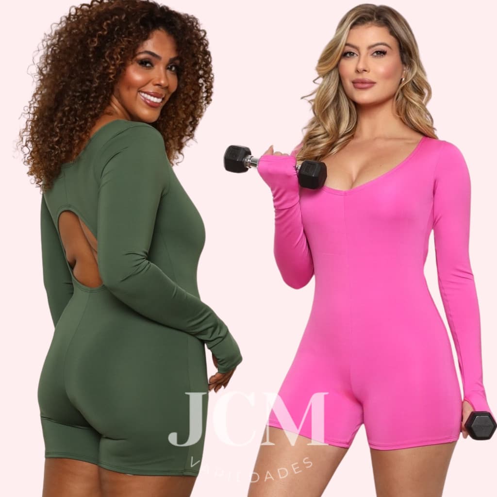 KIT 2 Macaquinho Feminino Academia Manga Longa Suplex Cavado nas Costas Treino Fitness Yoga