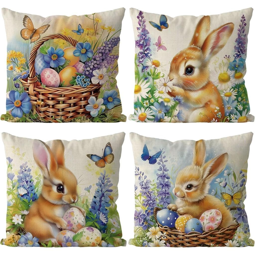 Capas de Almofada de Páscoa 18x18 Polegadas, Conjunto de 4, Capas de Almofada Decorativas com Motivos de Coelhinhos e Ov
