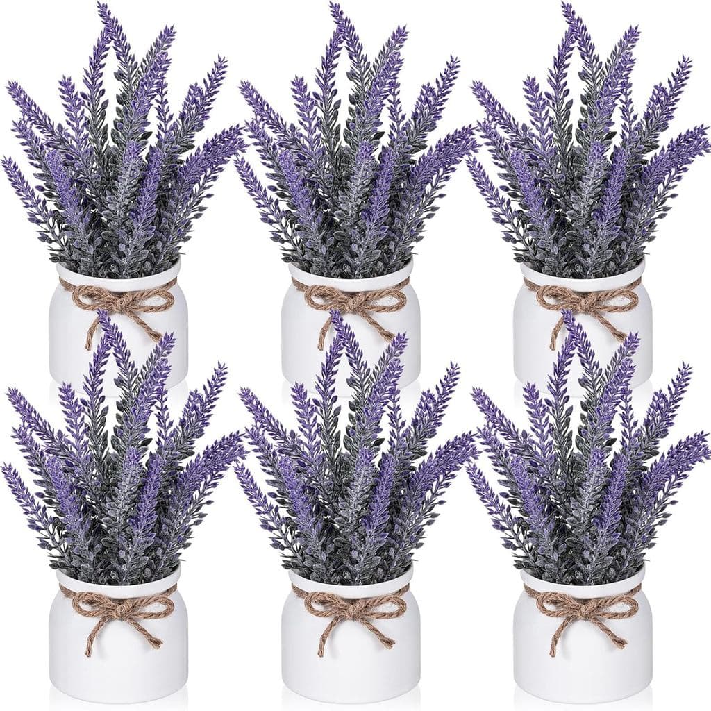 6 Peças de Plantas Artificiais de Lavanda em Vasos Pequenos Rústicos, Plantas Artificiais de Lavanda em Vasos para Decor