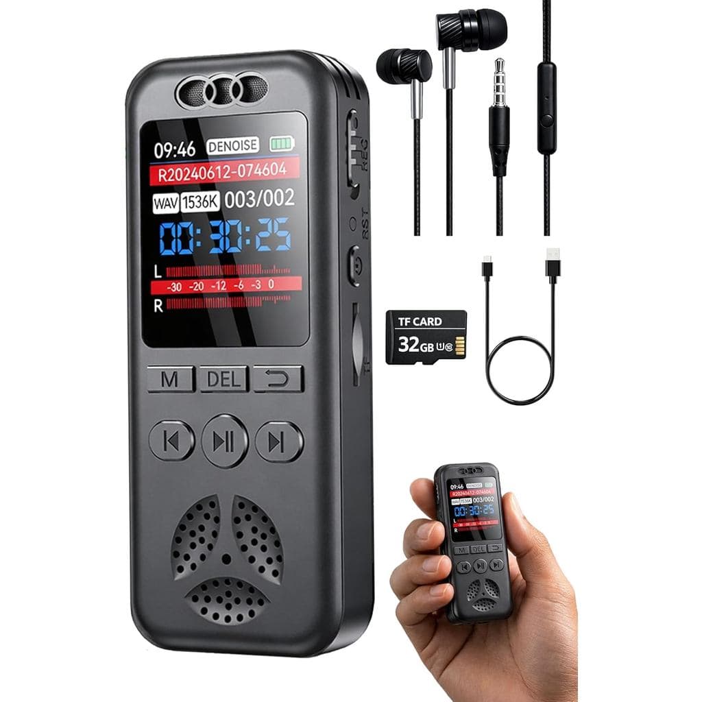 Gravador de Voz Digital de 32GB com Reprodução, Gravadores Compactos Ativados por Voz, Áudio de 1536Kbps, Redução de Ruí