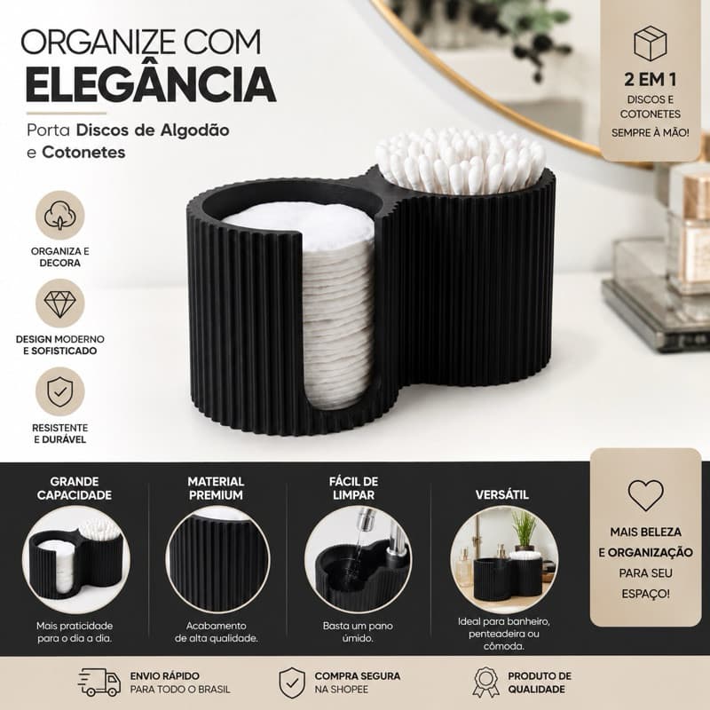 Porta Discos de Algodão e Cotonetes Organizador 2 em 1 Banheiro Penteadeira Pia Decorativo Multiuso