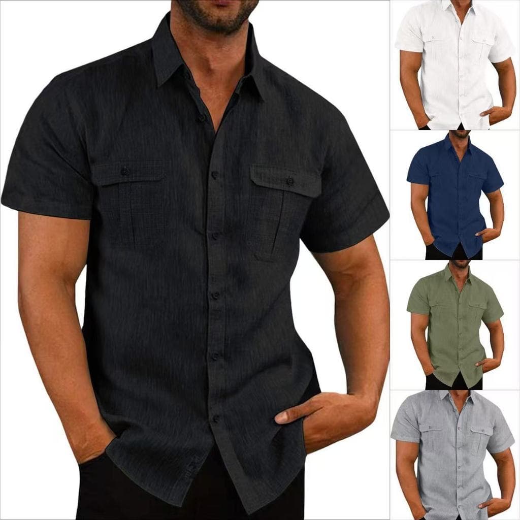 Nova camisa simples cor sólida linho Cardigan manga curta lapela solta camisa masculina