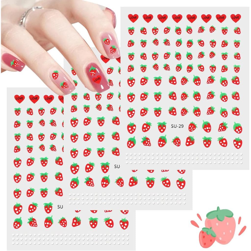 Adesivos de Unha de Morango Lusofie, Decalques de Unha 3D, Adesivos de Frutas Autoadesivos, Adesivos de Morango Fofos e
