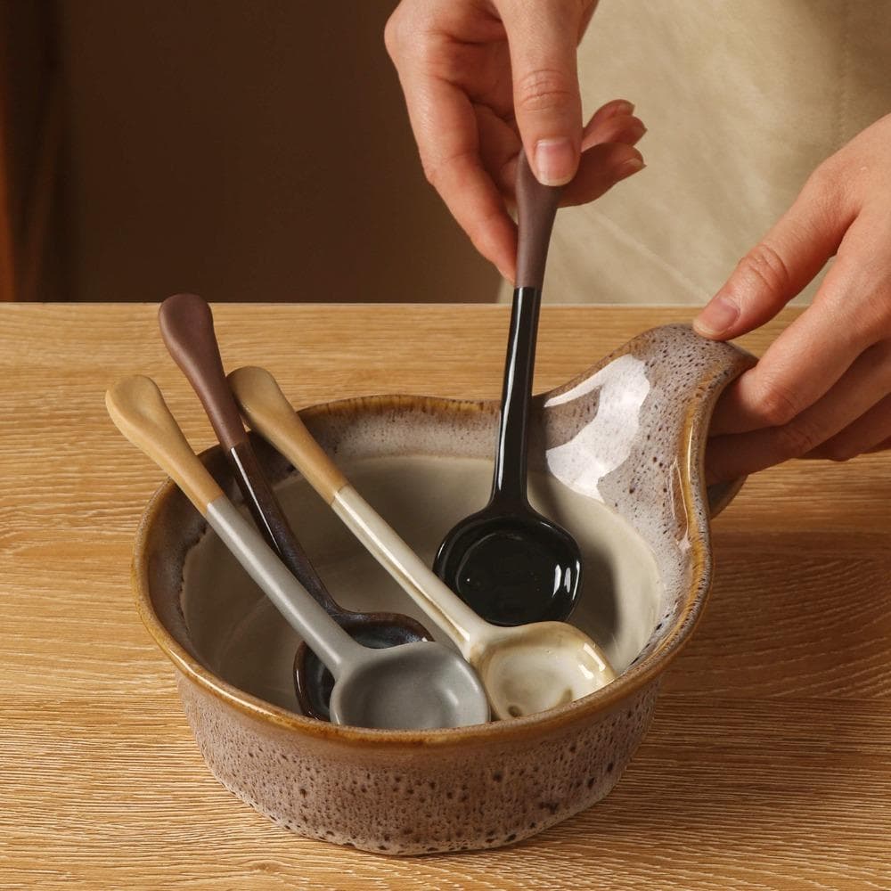 AHMVEX 4 Pcs Colher De Cerâmica Rústica Japonesa , Agitação De Café Com Alça Longa Irregular Artesanal , Costas Antiderr