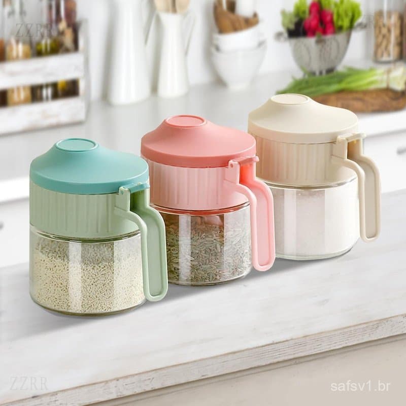 Pote de Condimentos de Vidro com Tampa e Colher para Sal, Açúcar, Café, Pote de Armazenamento para Temperos de Churrasco