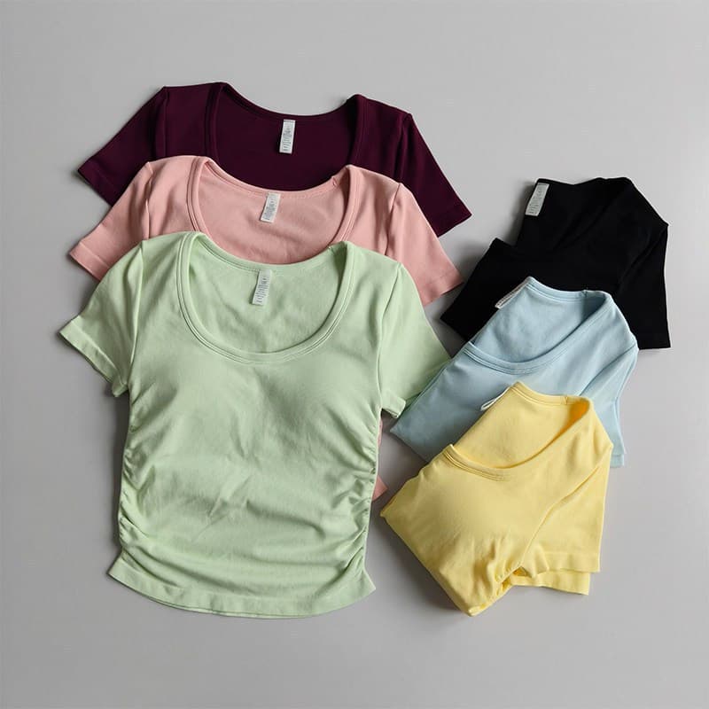 Camiseta de Yoga Feminina com Decote Fixo e Almofada para o Peito, Manga Curta, Efeito Emagrecedor, para Corrida e Espor