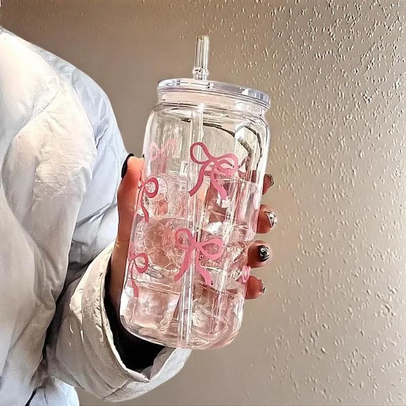 Querida garrafa de água com padrão de laço rosa, 1 peça, portátil, reutilizável, lavável, com tampa e canudo, adequada p