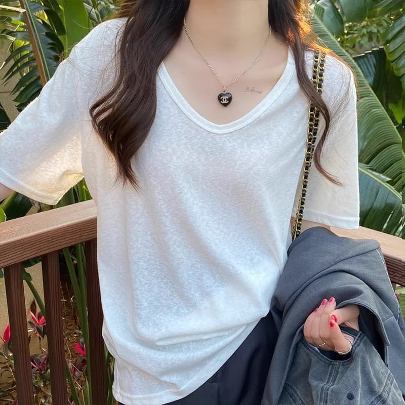 Com decote em V branco estilo simples camiseta feminina floco de neve algodão verão novo de manga curta solto estilo oci