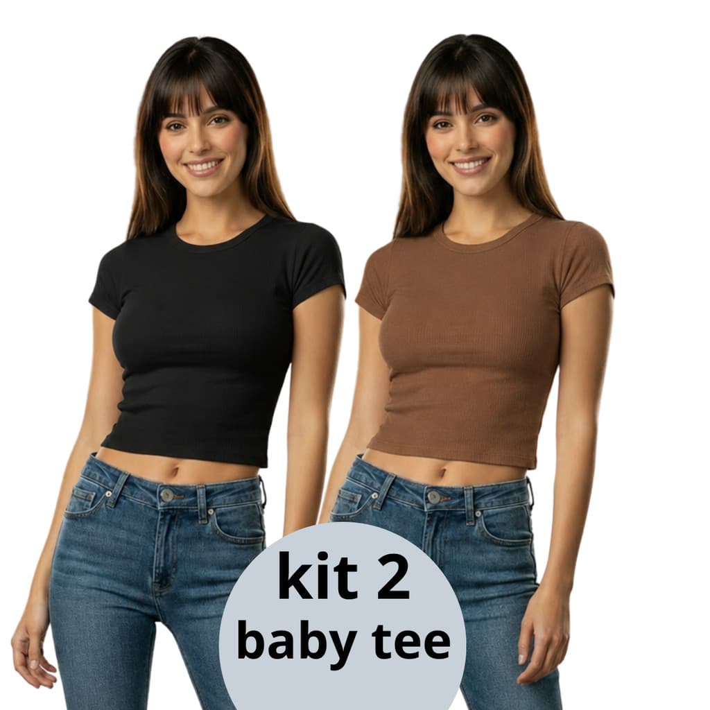 KIT 2: Baby Tee Feminina - Blusa Slim Fit Manga Curta - Blusa de Compressão Para Festas Academia