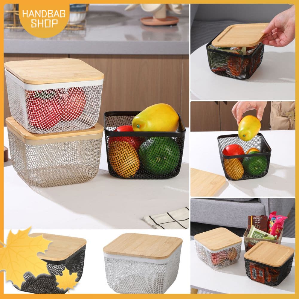 Cesta De Armazenamento De Bolsa , Artigos Diversos Preta E Branca De Ferro , Com Tampa Malha Design De