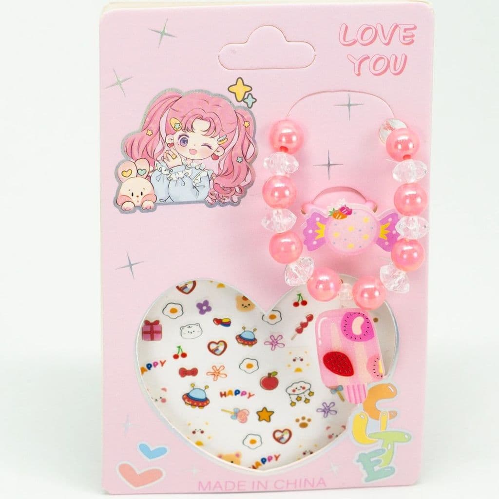Kit Pulseira Feminino Anel Adesivos Infantil
