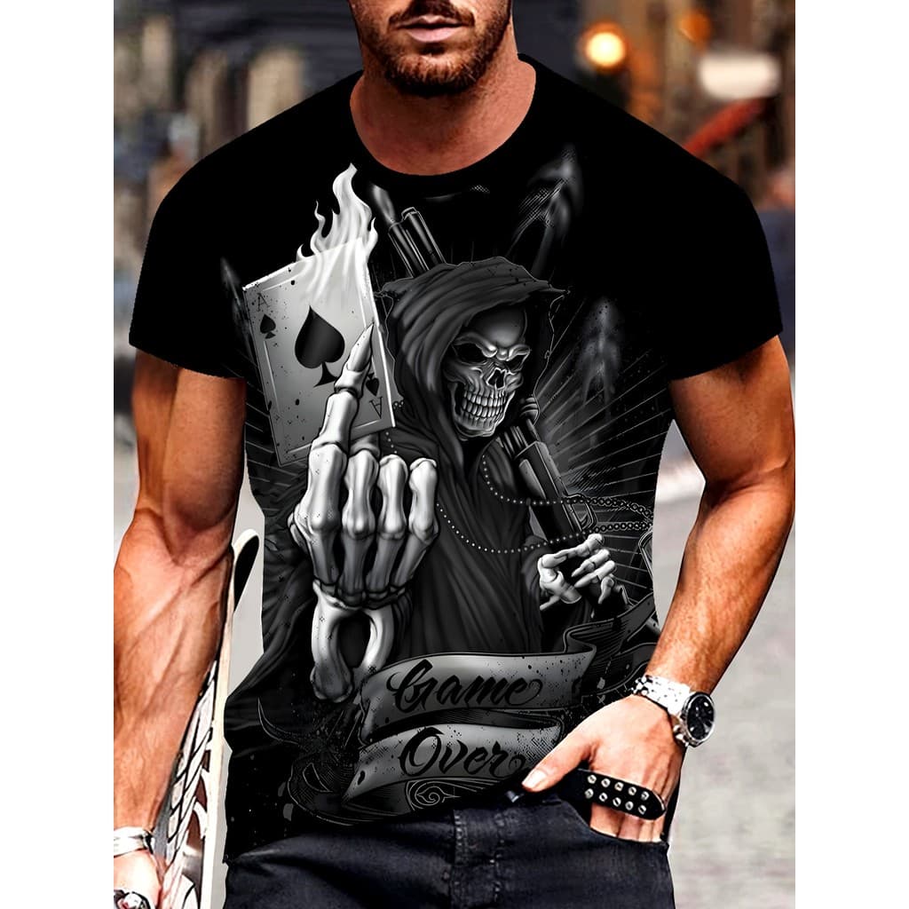 Moda na moda 3D Skull Print Camiseta masculina verão rua masculina de manga curta em torno do pescoço camiseta masculina