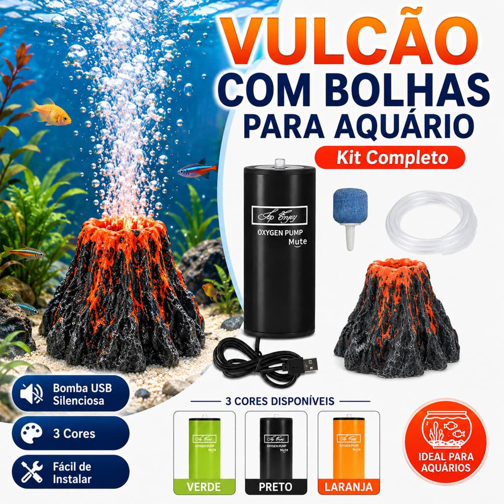 Kit de Bomba de Oxigênio USB Super Silenciosa com Decoração Mini Vulcão e Filtro – A Escolha Ideal para Aquários