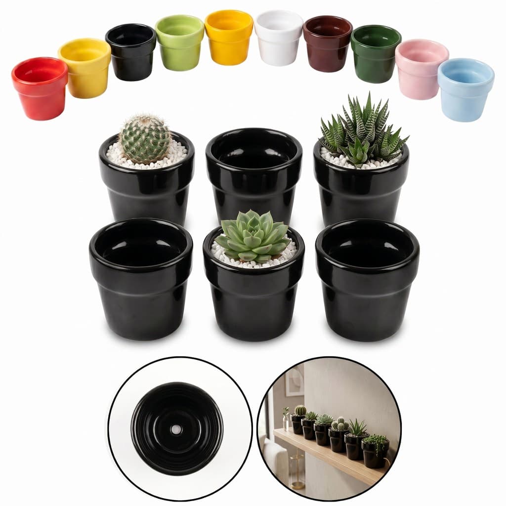 Kit 6 Vasos De Cerâmica Pequenos Esmaltados Para Suculentas Plantas Cactos Flores arranjo artificial com furo 7x6cm