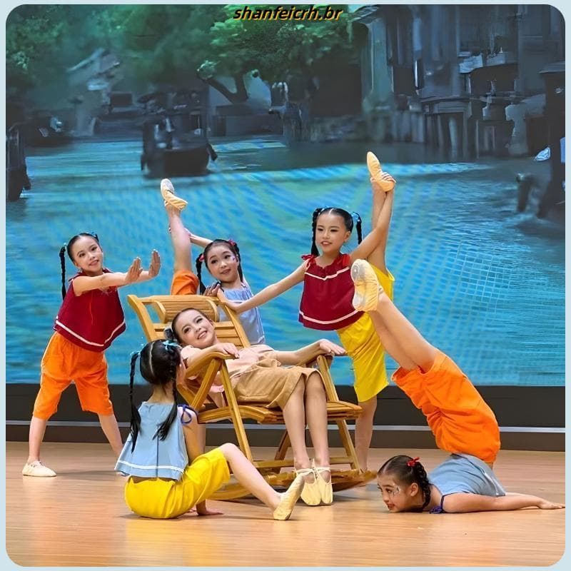 Fantasia infantil estilo Xiaohe, fantasia de dia de verão, um balançando a ponte da vovó, fantasia de dança