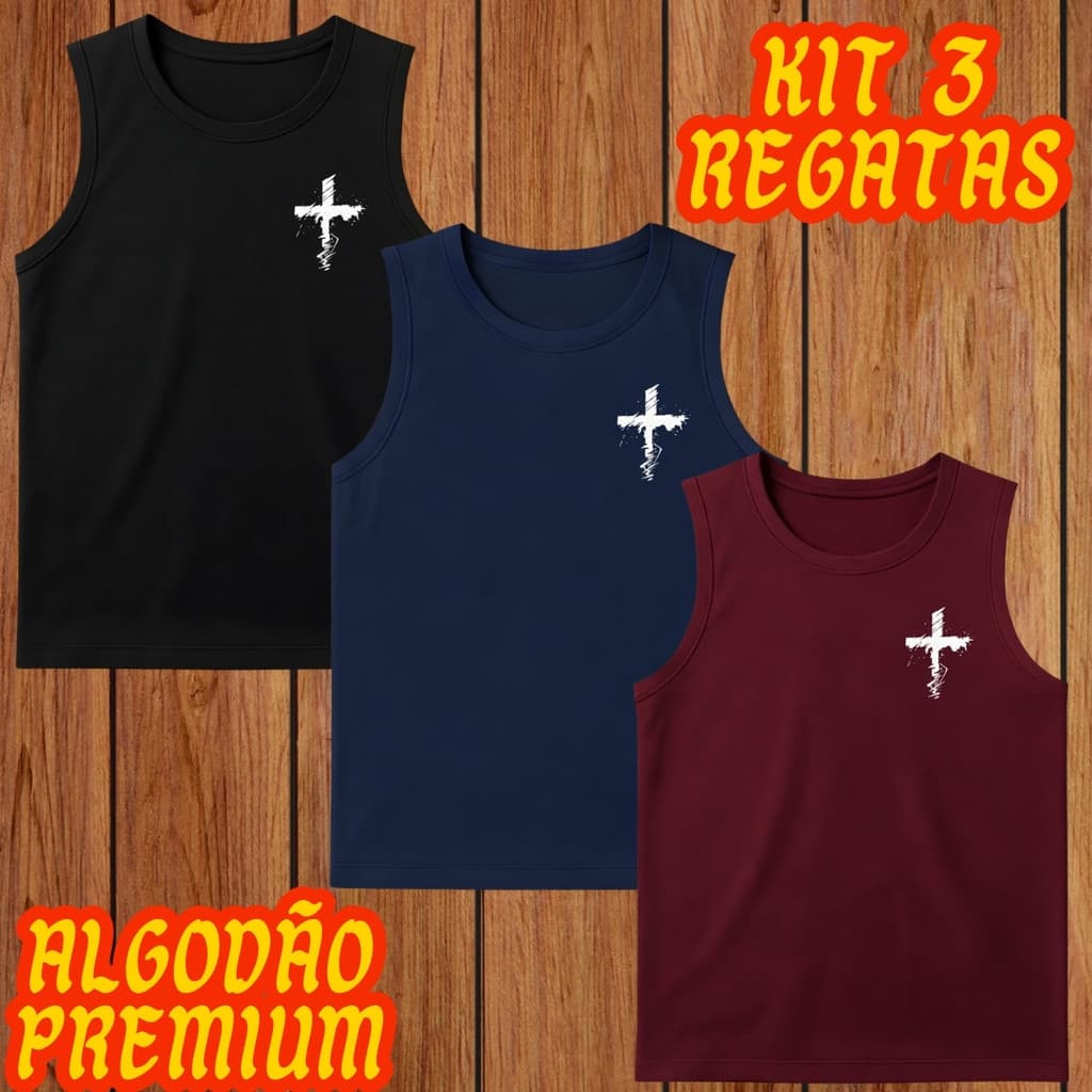 kit 3 Regatas Masculina Cavada CRUZ RISCADA Algodão Varias Cores Leve e Confortavel