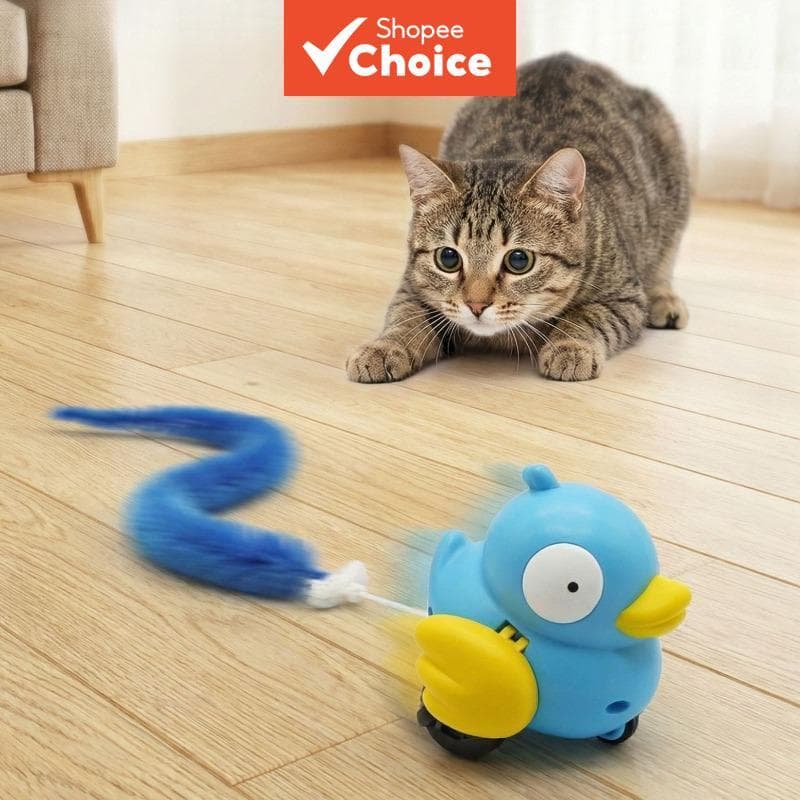 Brinquedo Interativo para Gatos em Forma de Pássaro com Corda de Puxar, Rabo Longo de Pelúcia, Teaser Manual Móvel para