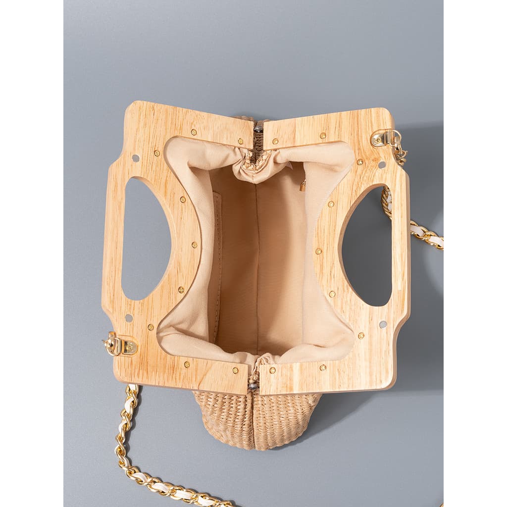 [Novo produto] Bolsa de palha Bolsa de praia para férias à beira-mar Bolsa de palha com alça de madeira Bolsa de ombro d