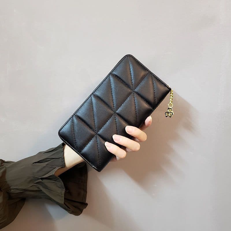 Carteira feminina com padrão de diamante, bolsa longa multifuncional de couro, porta-cartões elegante, bolsa de mão, por